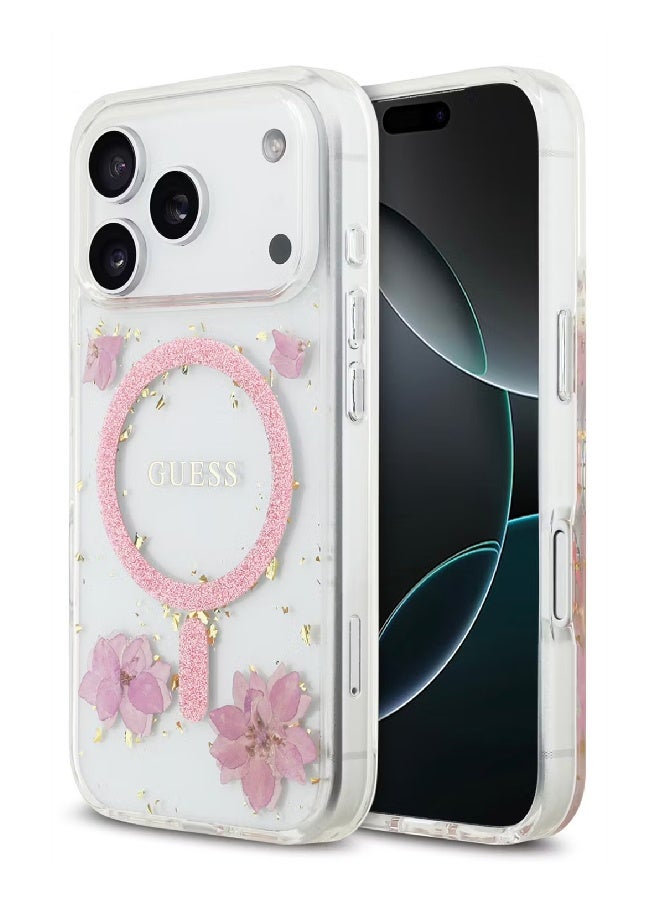 Guess MagSafe Resin Case with Flowers & Glitter Pattern for iPhone 17 Pro - Pink - Image 1